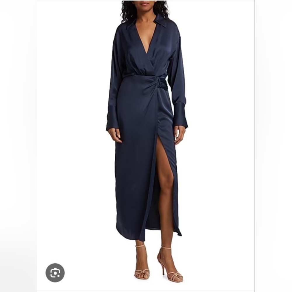 Nwts Ramy Brook Aurora Draped Satin Shirtdress Navy Dress Saks Fifth Avenue